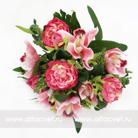 искусственные цветы букет пионов с орхидеями цвета темно-розовый с розовым 45