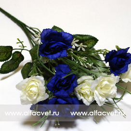 искусственные цветы букет роз с добавкой осока цвета синий с белым 58